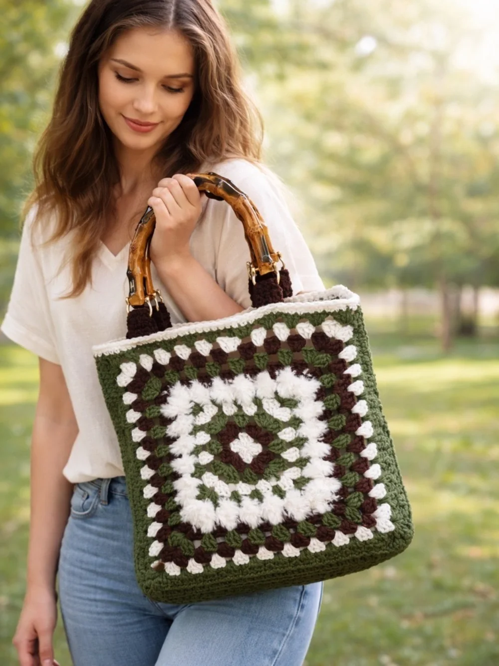 Tote Square Crochet Bamboo Handles Olive Brown Cream Boho Chic Purse